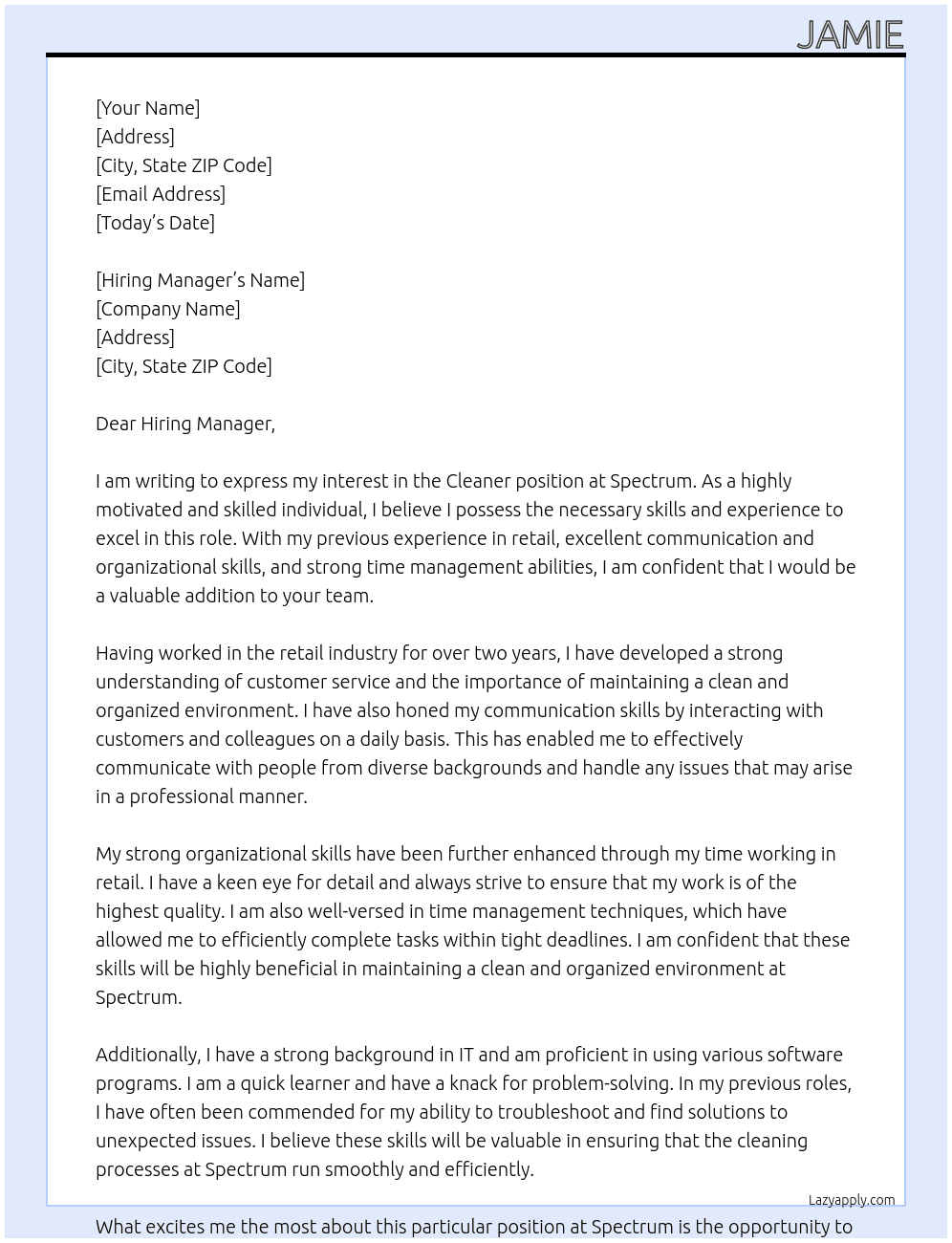 Cleaner At Spectrum  Cover Letter