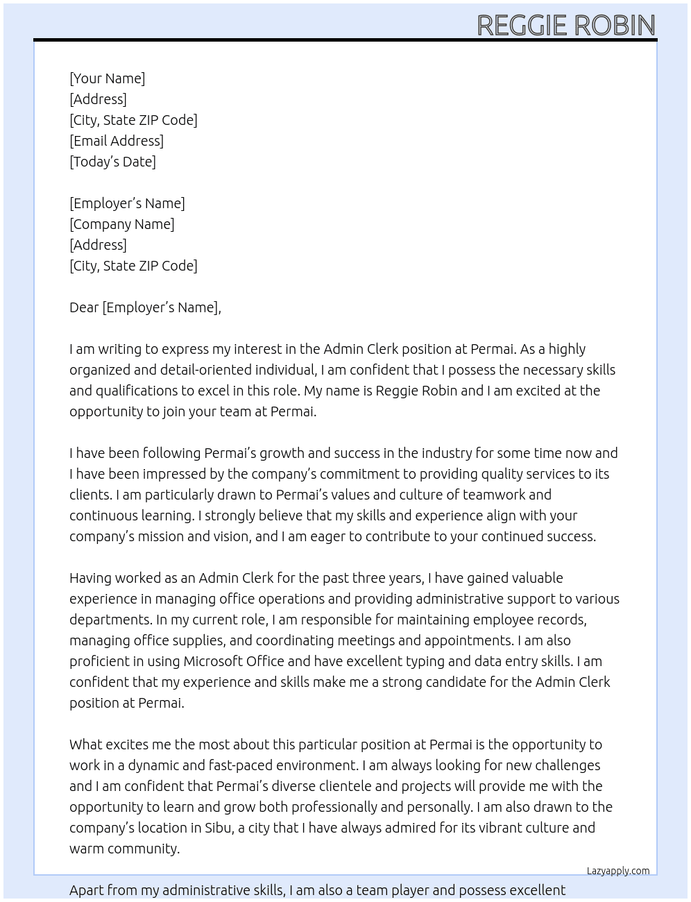 admin clerk At Permai Cover Letter