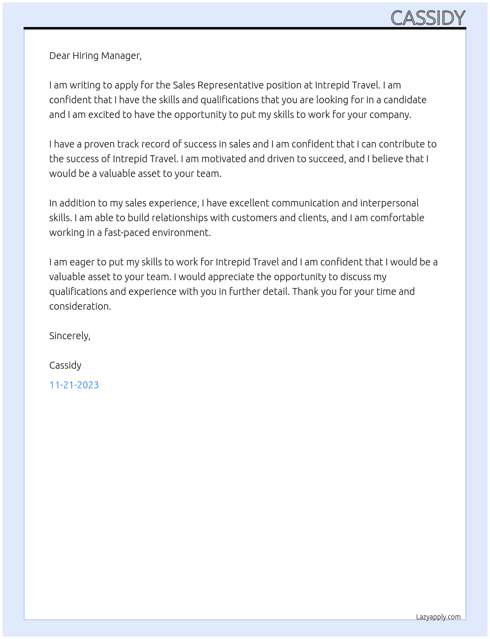 Sales Representative At Intrepid Travel Cover Letter