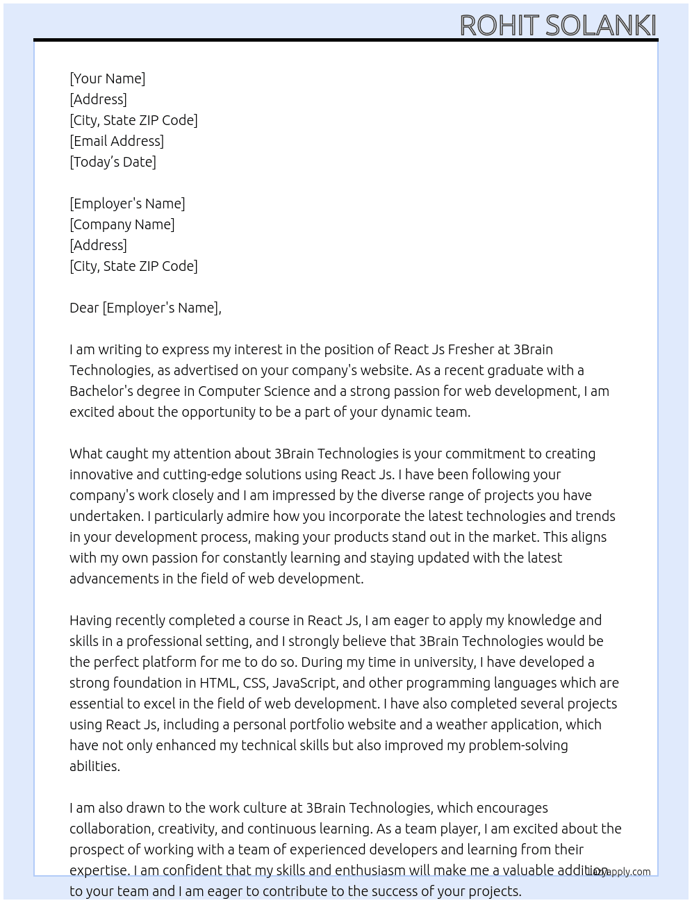 React Js Fresher At 3Brain Technologies Cover Letter