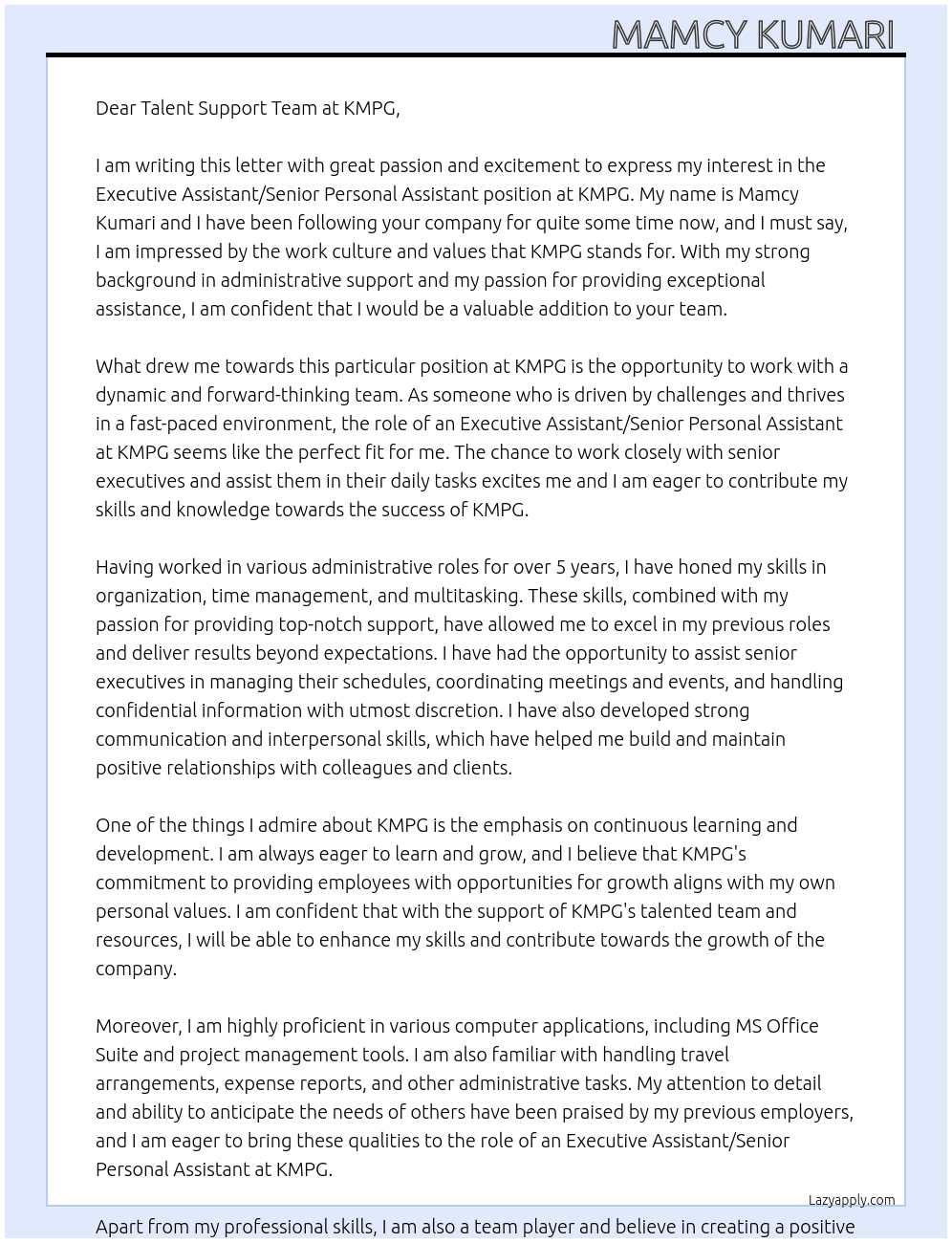  Executive Assistant/Senior Personal Assistant  At KMPG Cover Letter