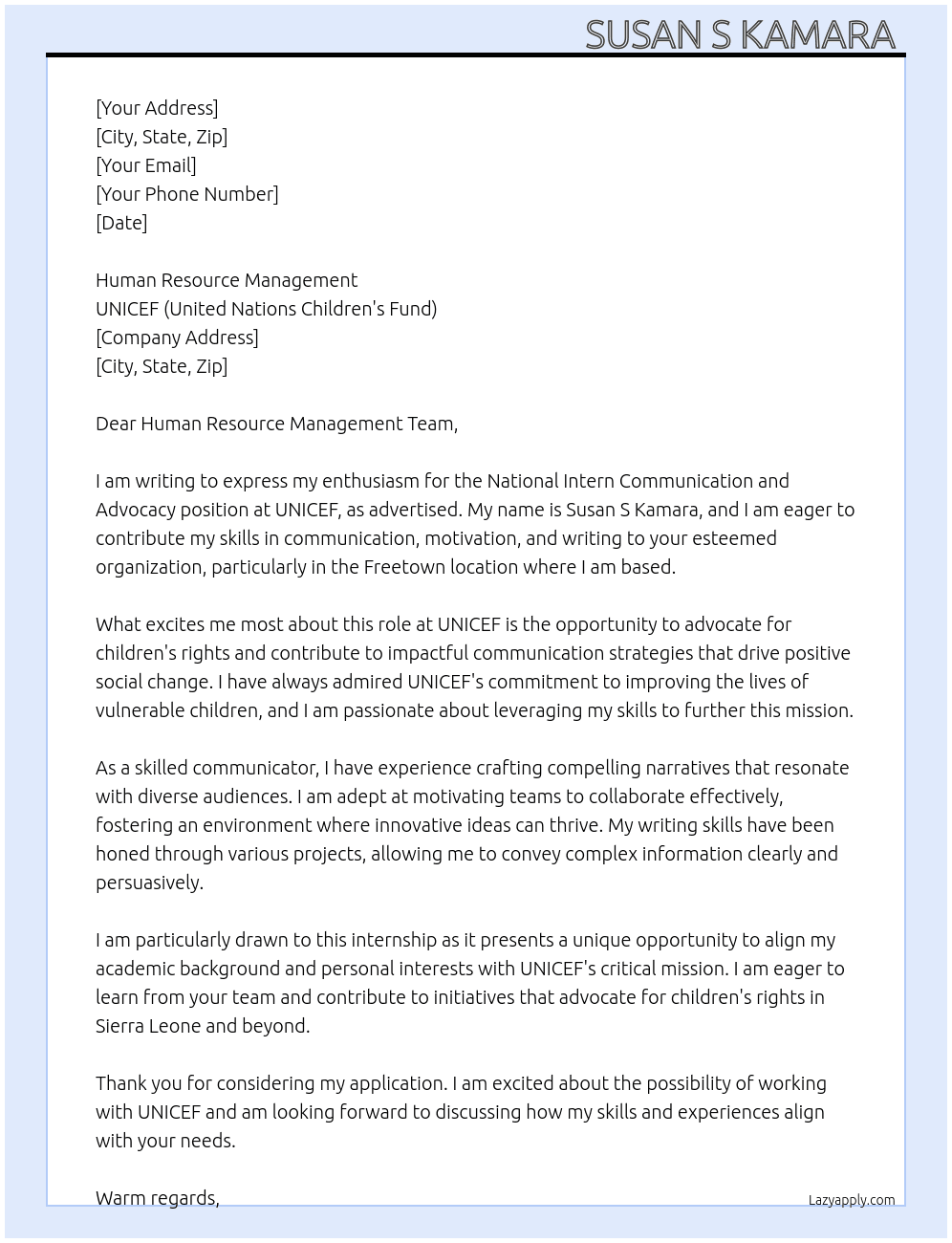National Intern Communication and Advocacy  At UNICEF (United Nations Children's Fund) Cover Letter