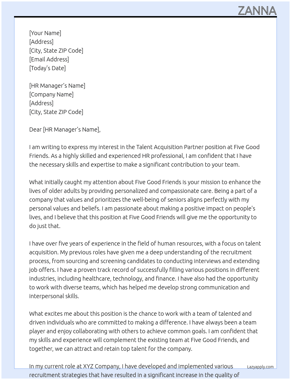 Talent Acquisition Partner At Five Good Friends Cover Letter