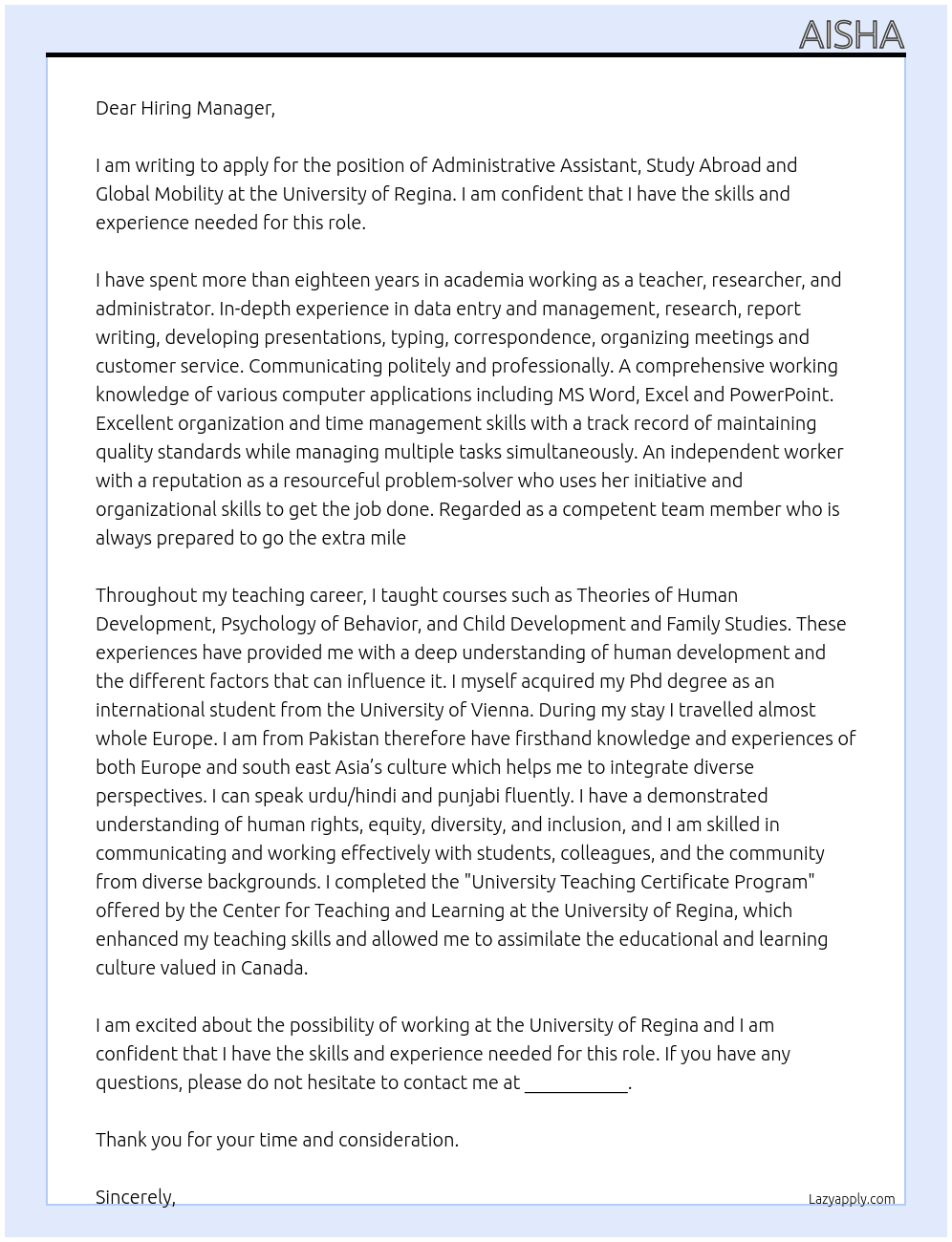 Administrative Assistant, Study Abroad and Global Mobility At University of Regina Cover Letter