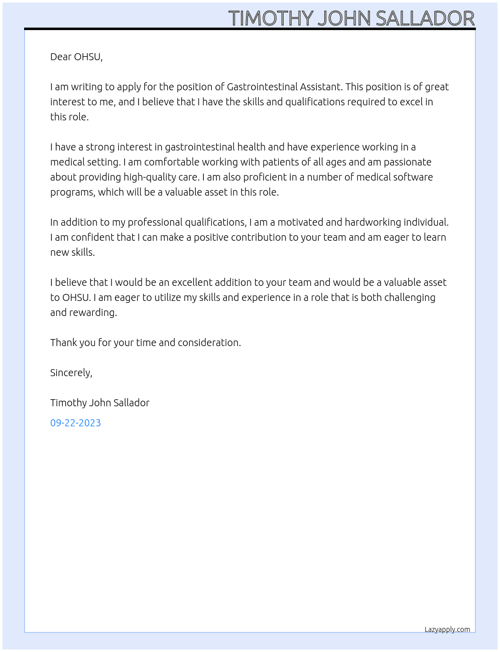 Gastrointestinal Assistant At OHSU Cover Letter