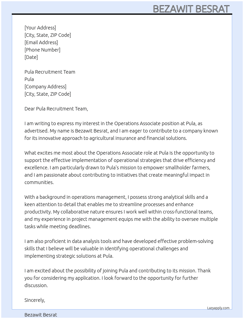 Operations associate  At Pula Cover Letter