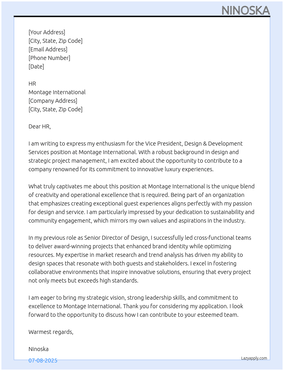 Vice President, Design & Development Services At Montage International  Cover Letter