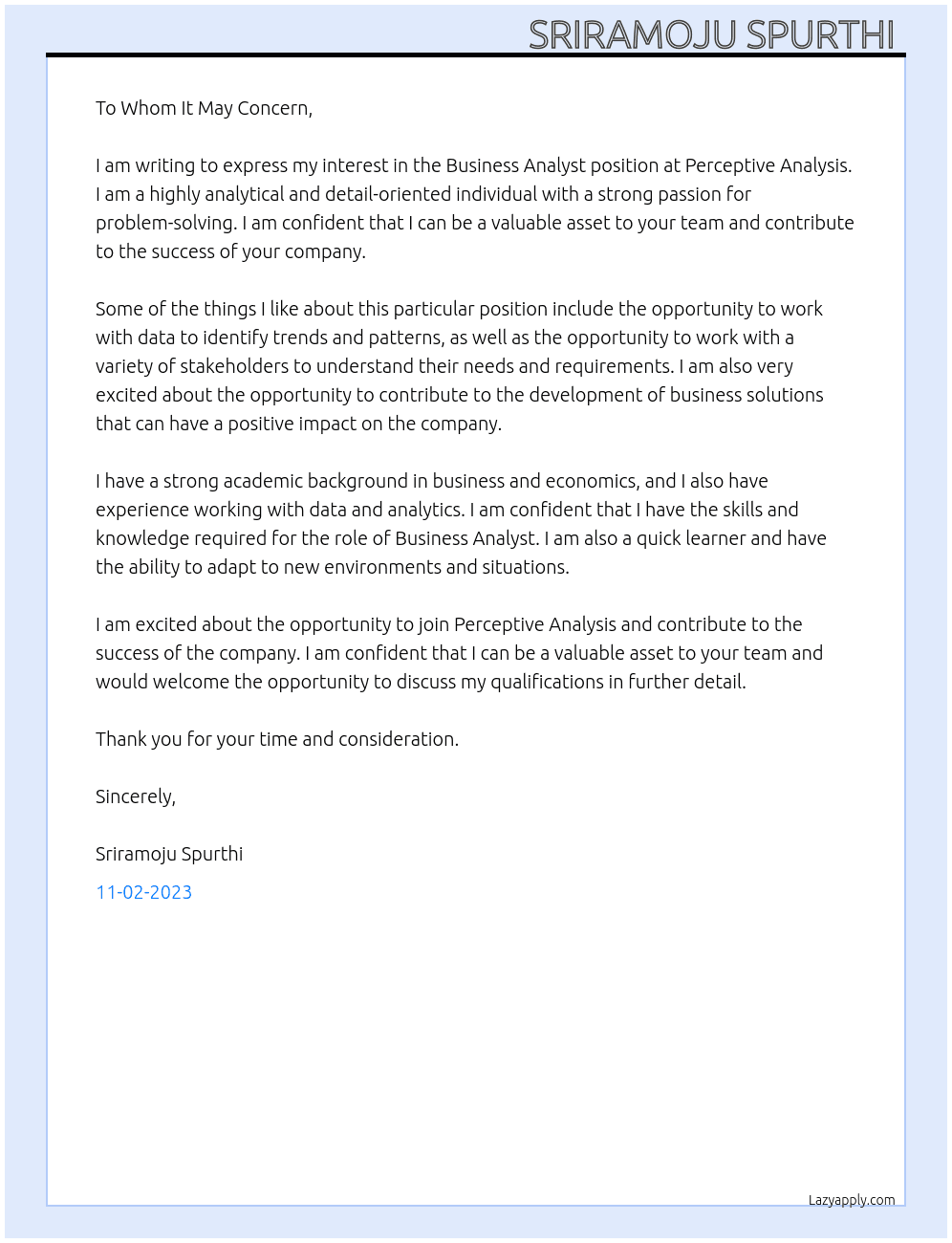 Business Analyst At Perceptive Analysis Cover Letter