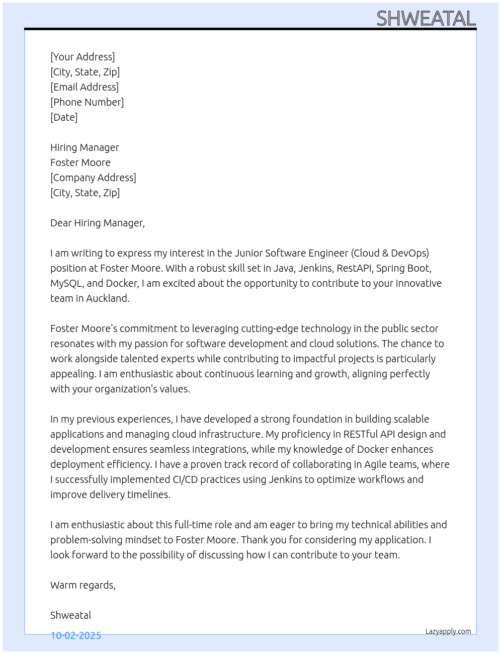 Junior Software Engineer (Cloud & DevOps)  At Foster Moore  Cover Letter