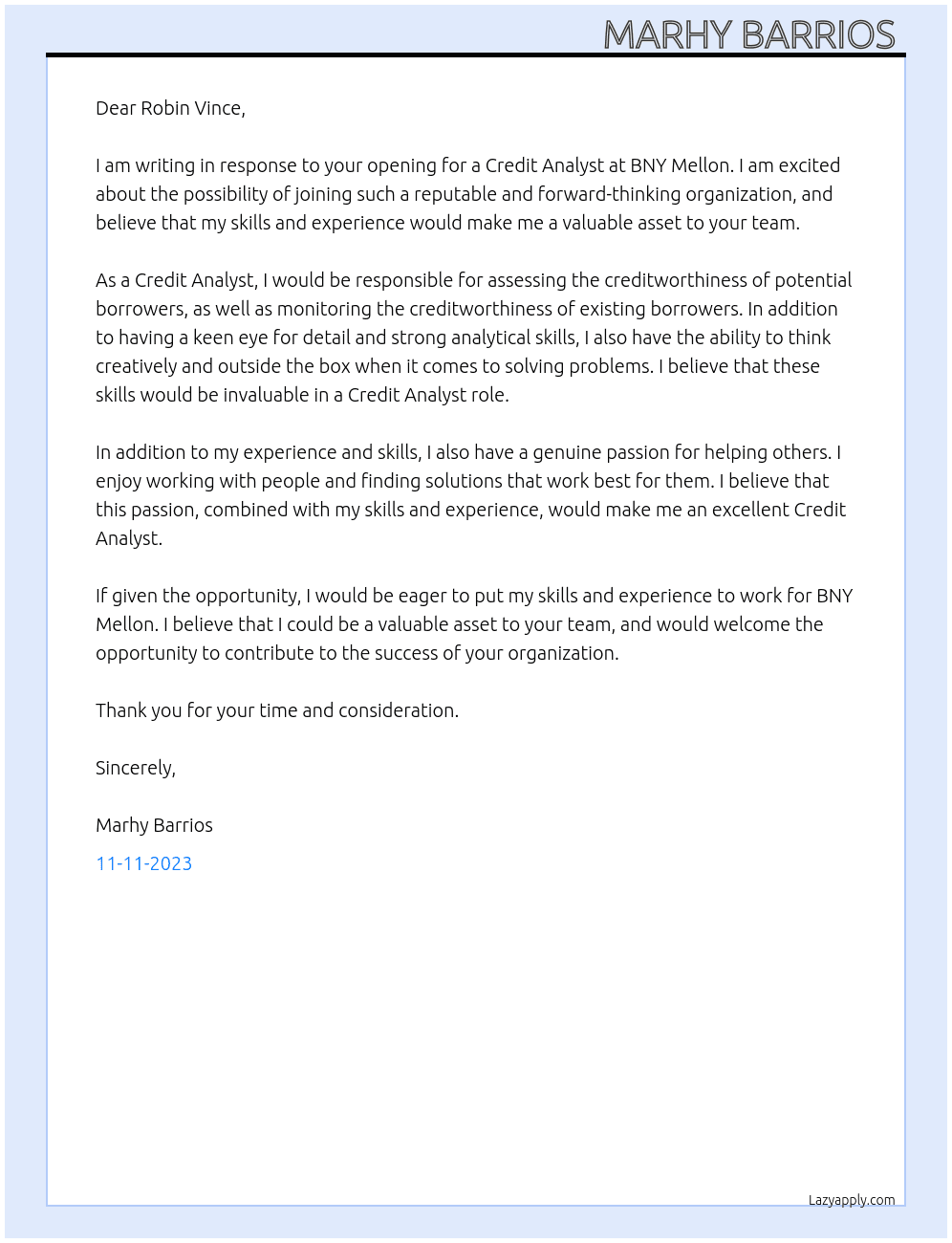 Credit Analyst At BNY Mellon  Cover Letter
