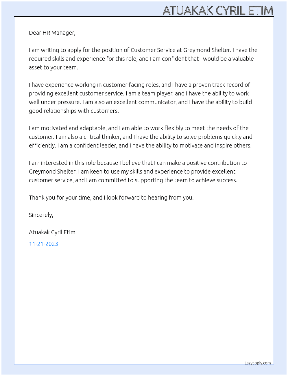 Customer Service At Greymond Shelter Cover Letter
