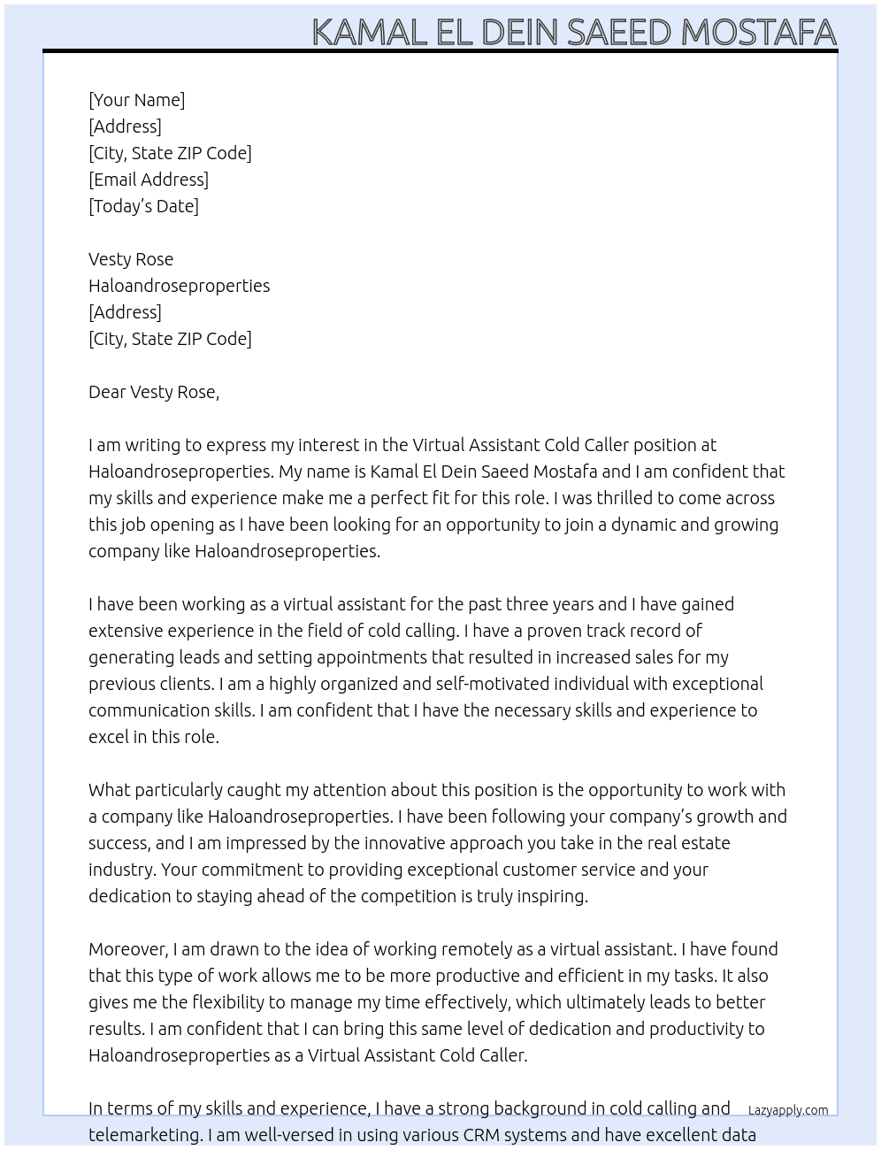 virtual assistant cold caller  At haloandroseproperties Cover Letter