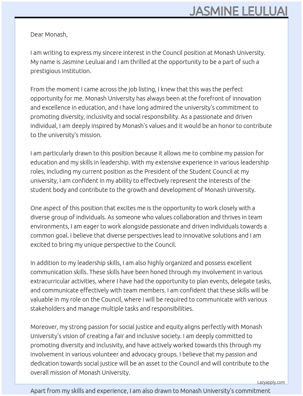 Council At Monash University Cover Letter