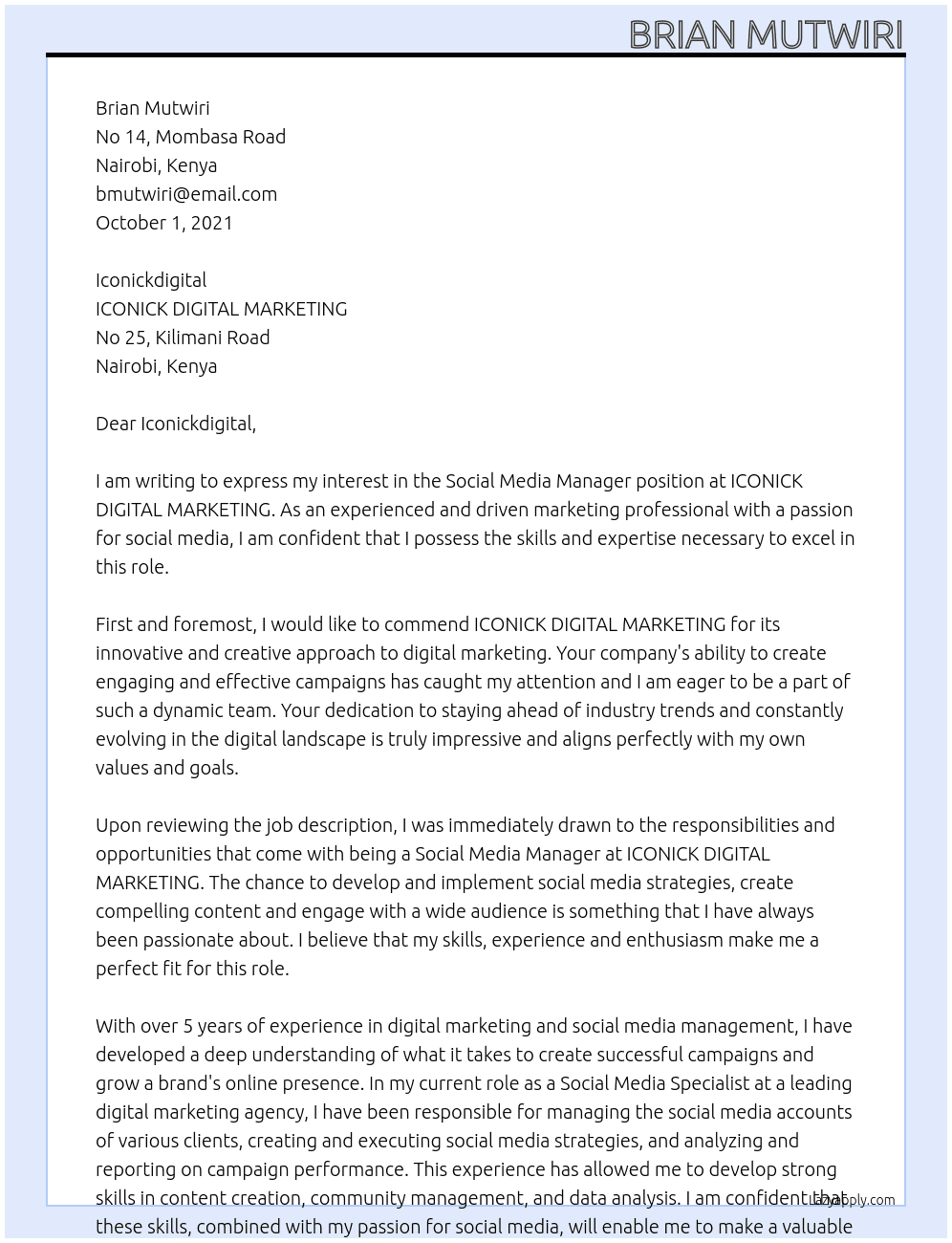 Social Media Manager At ICONICK DIGITAL MARKETING Cover Letter