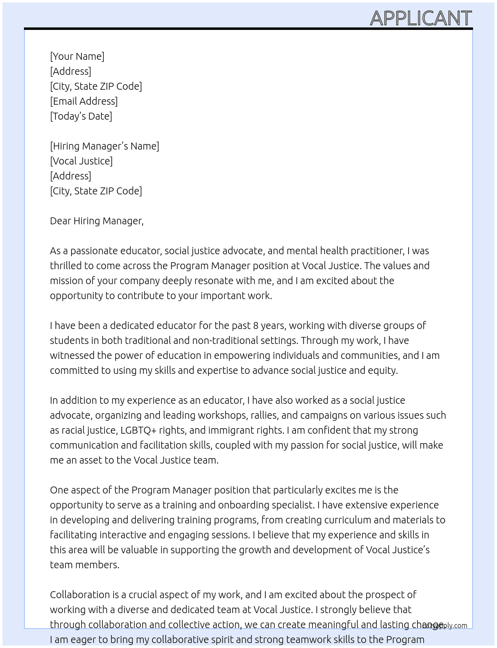 program manager At Vocal Justice Cover Letter