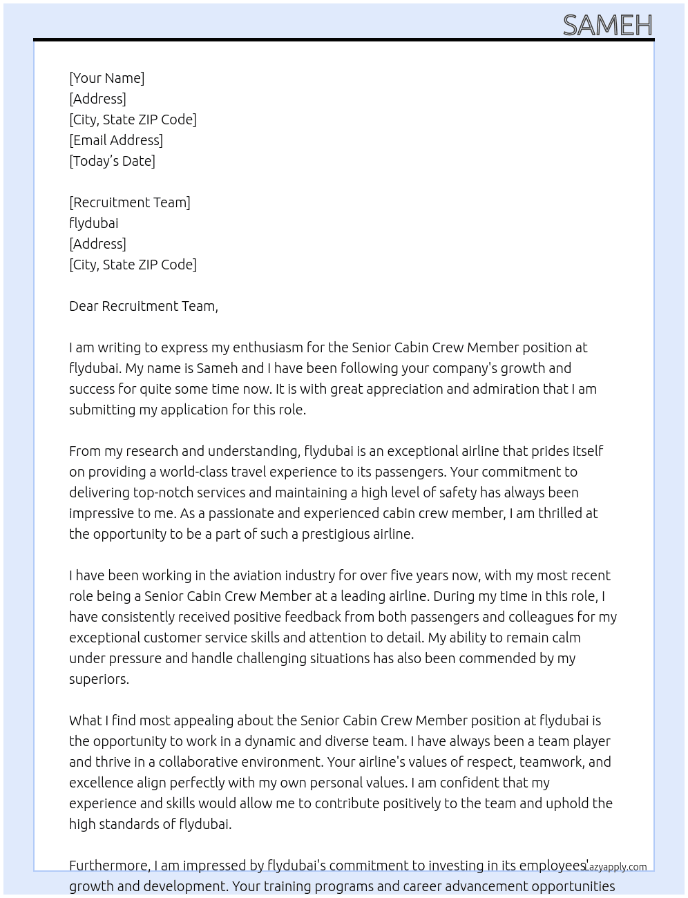 Cover letter for senior cabin crew member - LazyApply