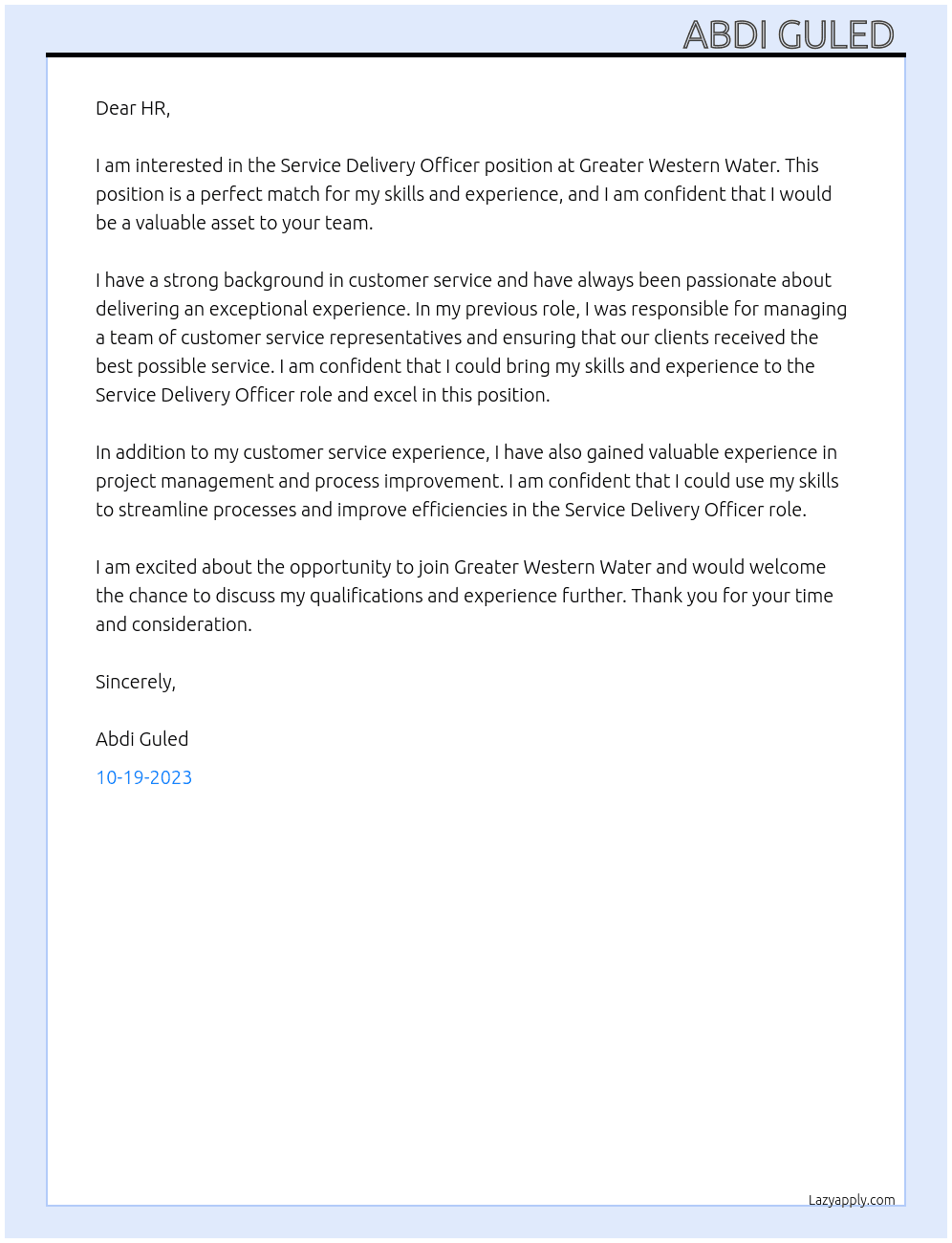 Service Delivery Officer  At Greater Western Water Cover Letter