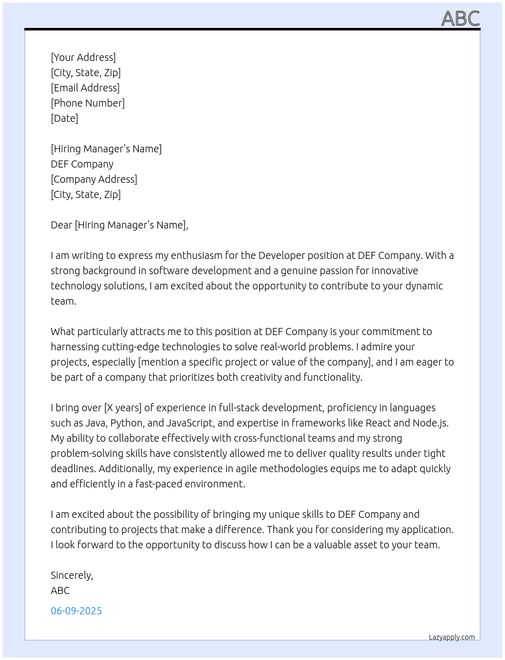 developer At def Cover Letter