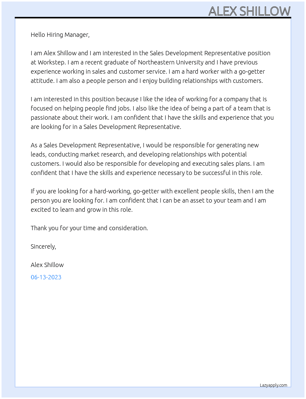 Sales Development Representative At Workstep Cover Letter