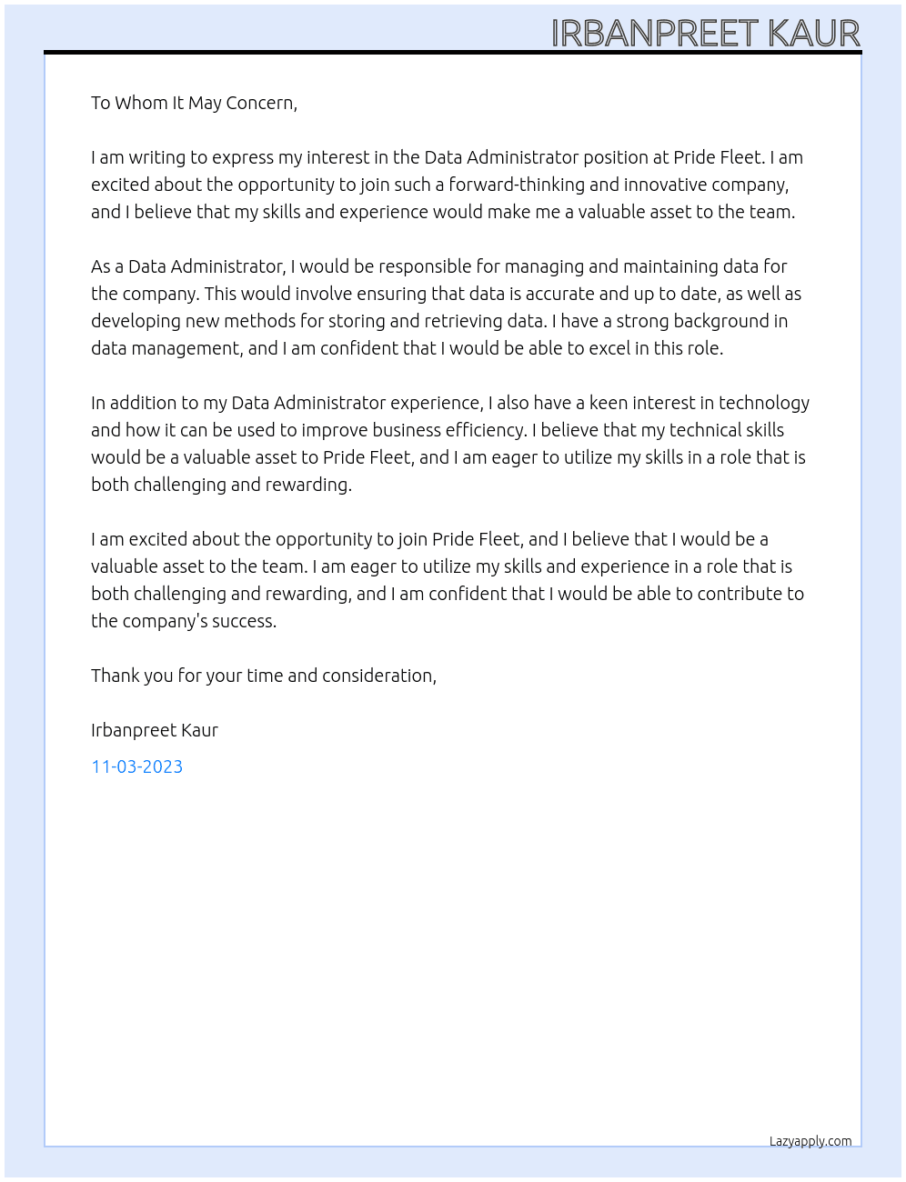 data adminstrator At pride fleet  Cover Letter