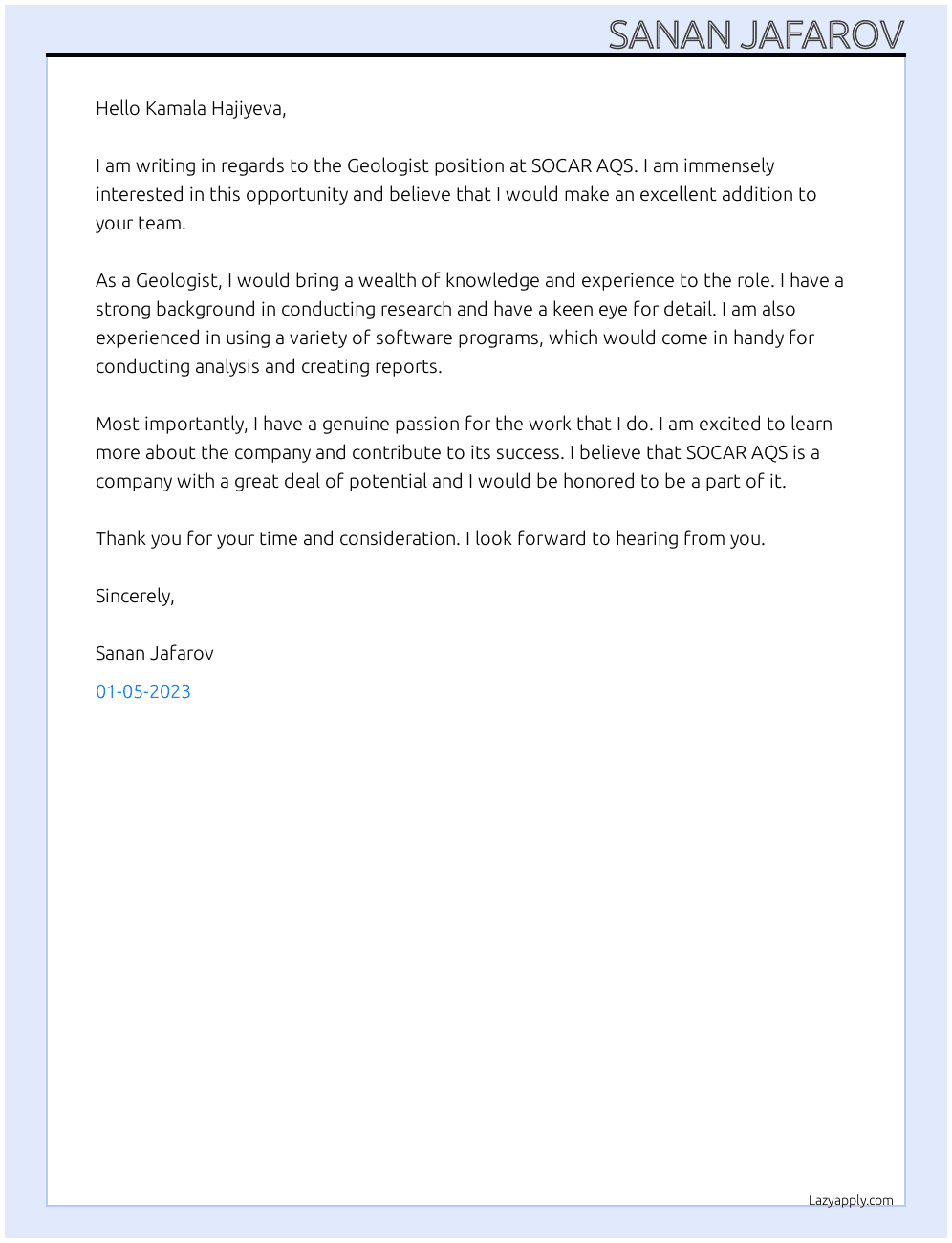 Geologist At SOCAR AQS Cover Letter