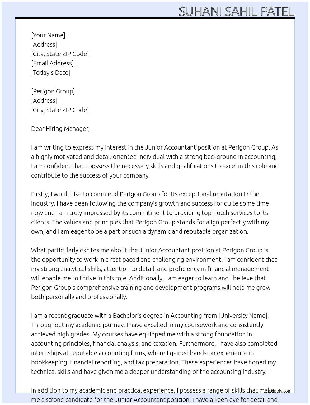 Junior Accountant At Perigon Group Cover Letter