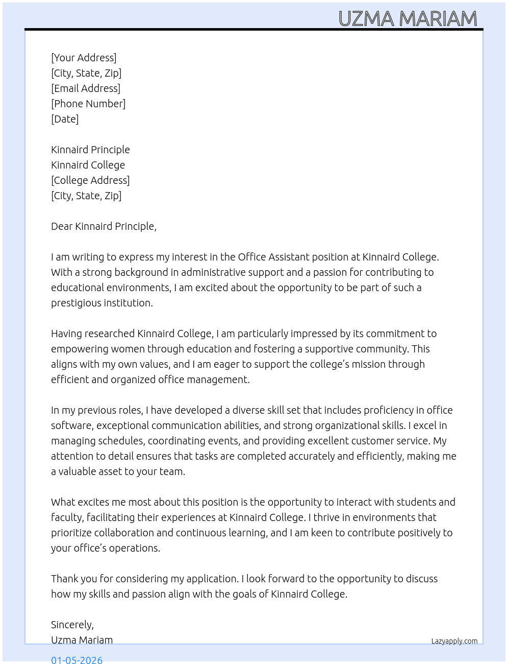 office Assistant  At Kinnaird college Cover Letter