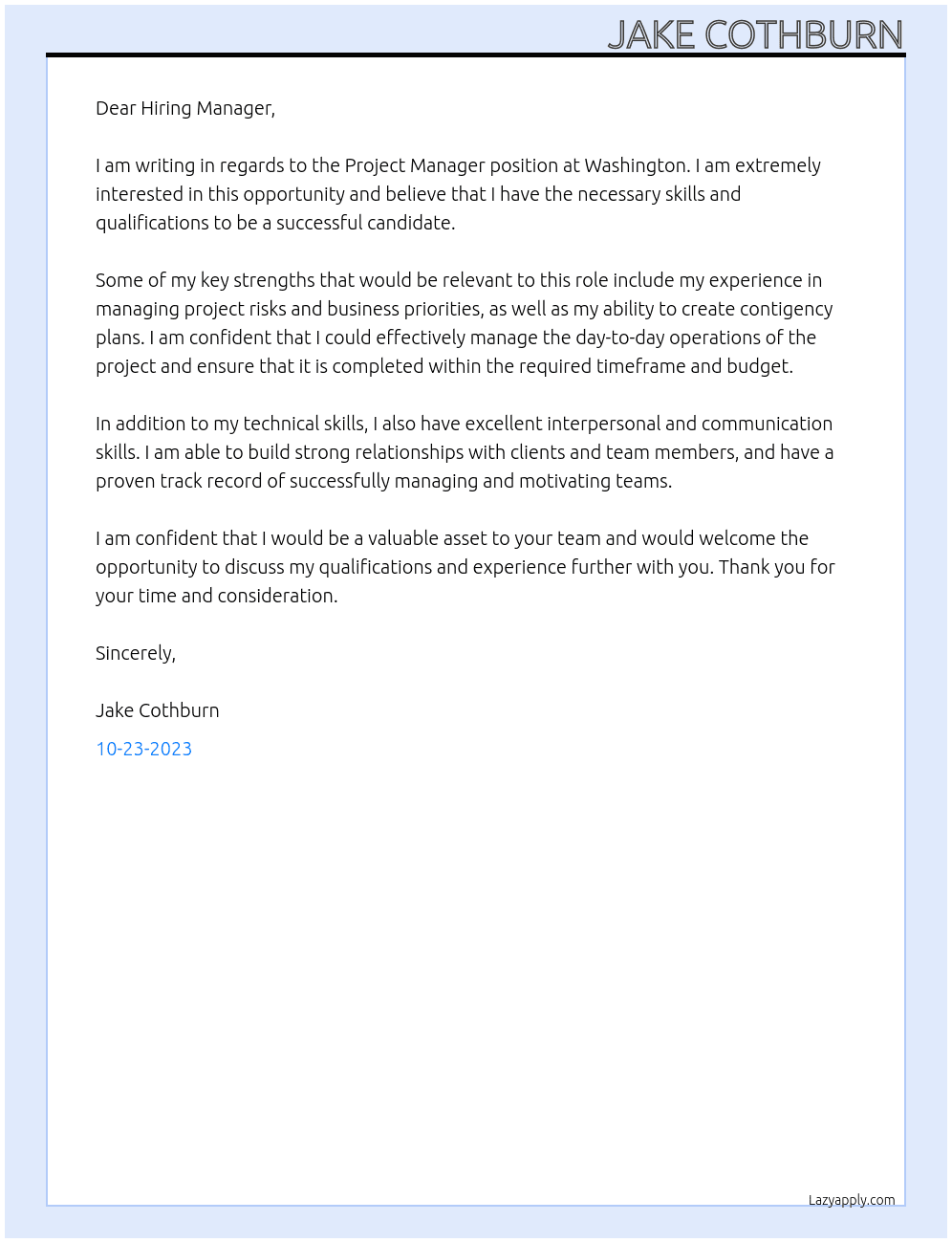 Project manager At washington Cover Letter