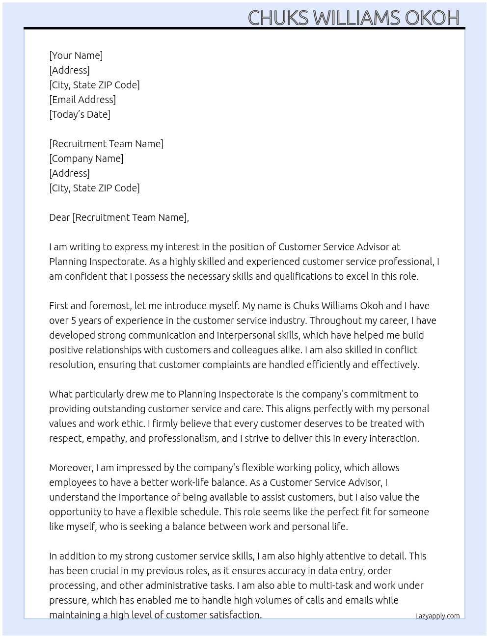 Customer Service Advisor  At Planning Inspectorate Cover Letter