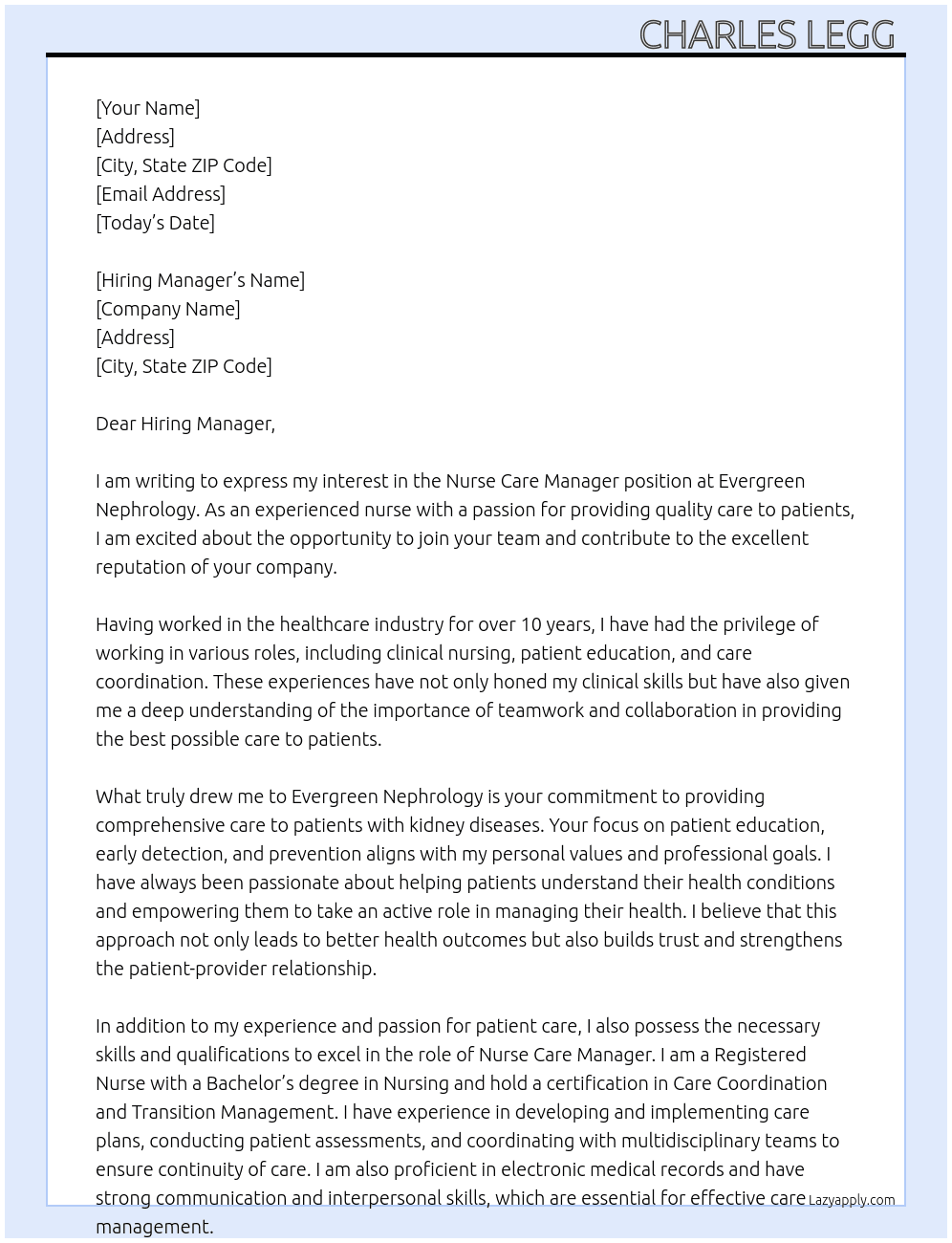 Cover letter for nurse care manager - LazyApply