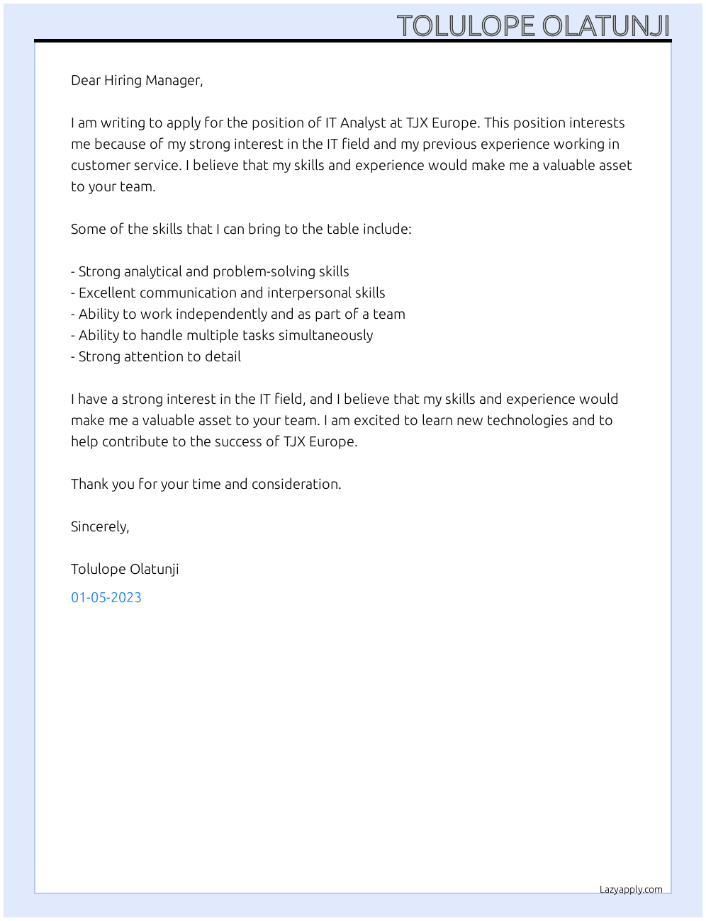 IT Analyst At TJX Europe Cover Letter
