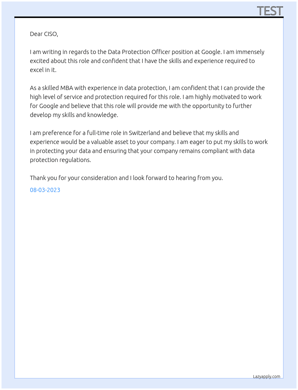 Data Protection Officer At Google Cover Letter