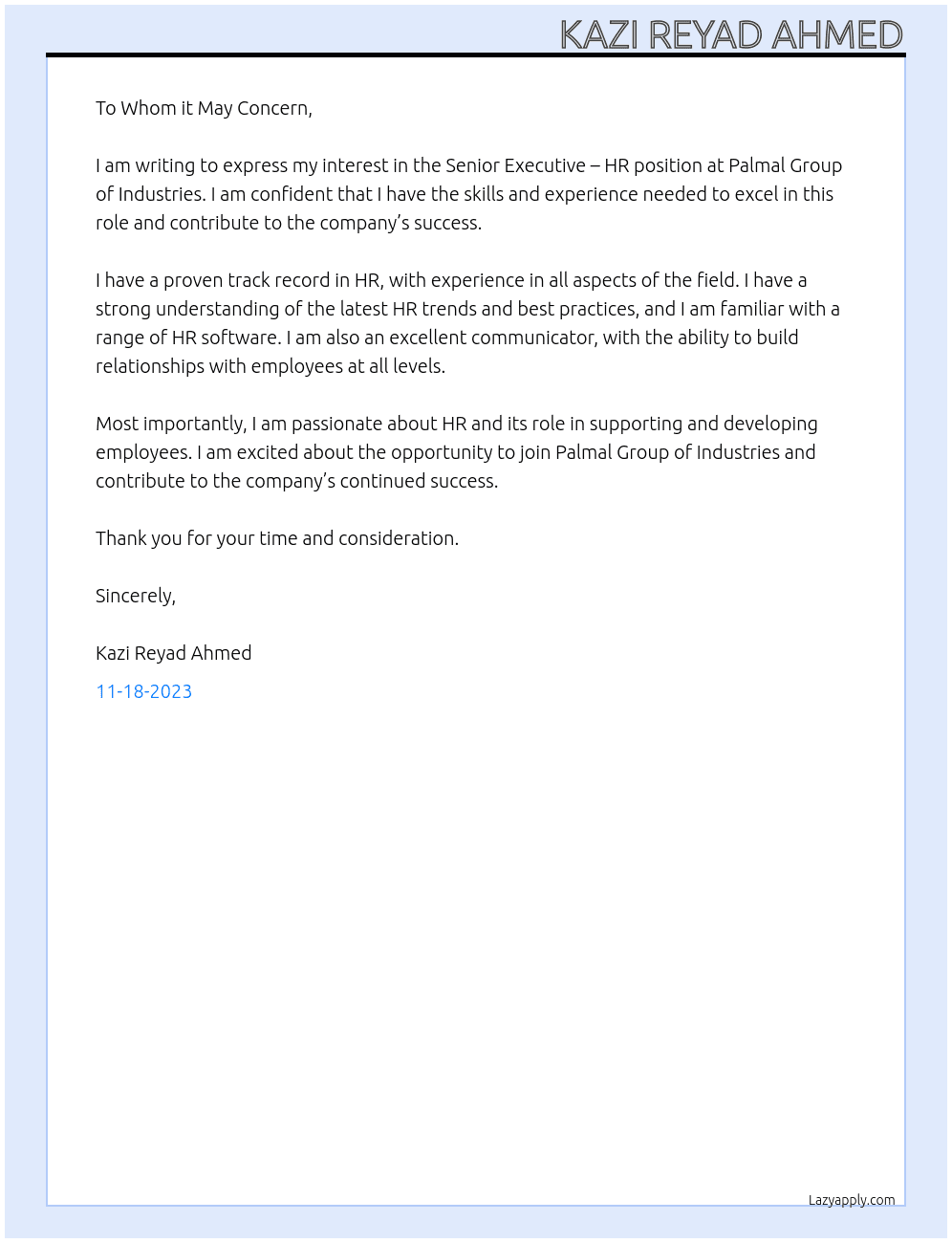 Senior Executive - HR At Priyo Shop Cover Letter