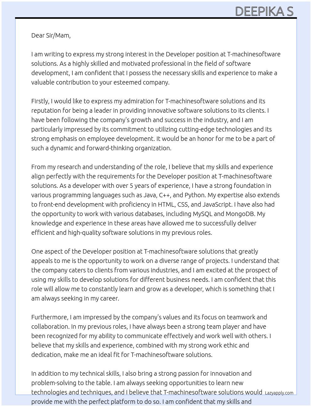 Developer  At T-machinesoftware solutions  Cover Letter