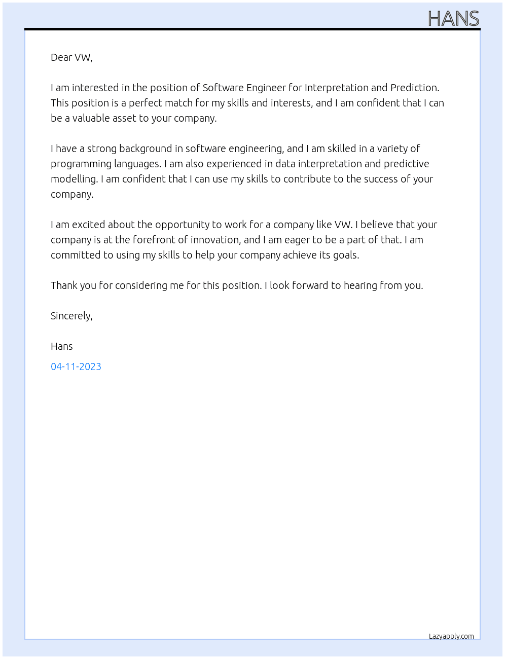 Software Engineer for Interpretation and Prediction At VW Cover Letter