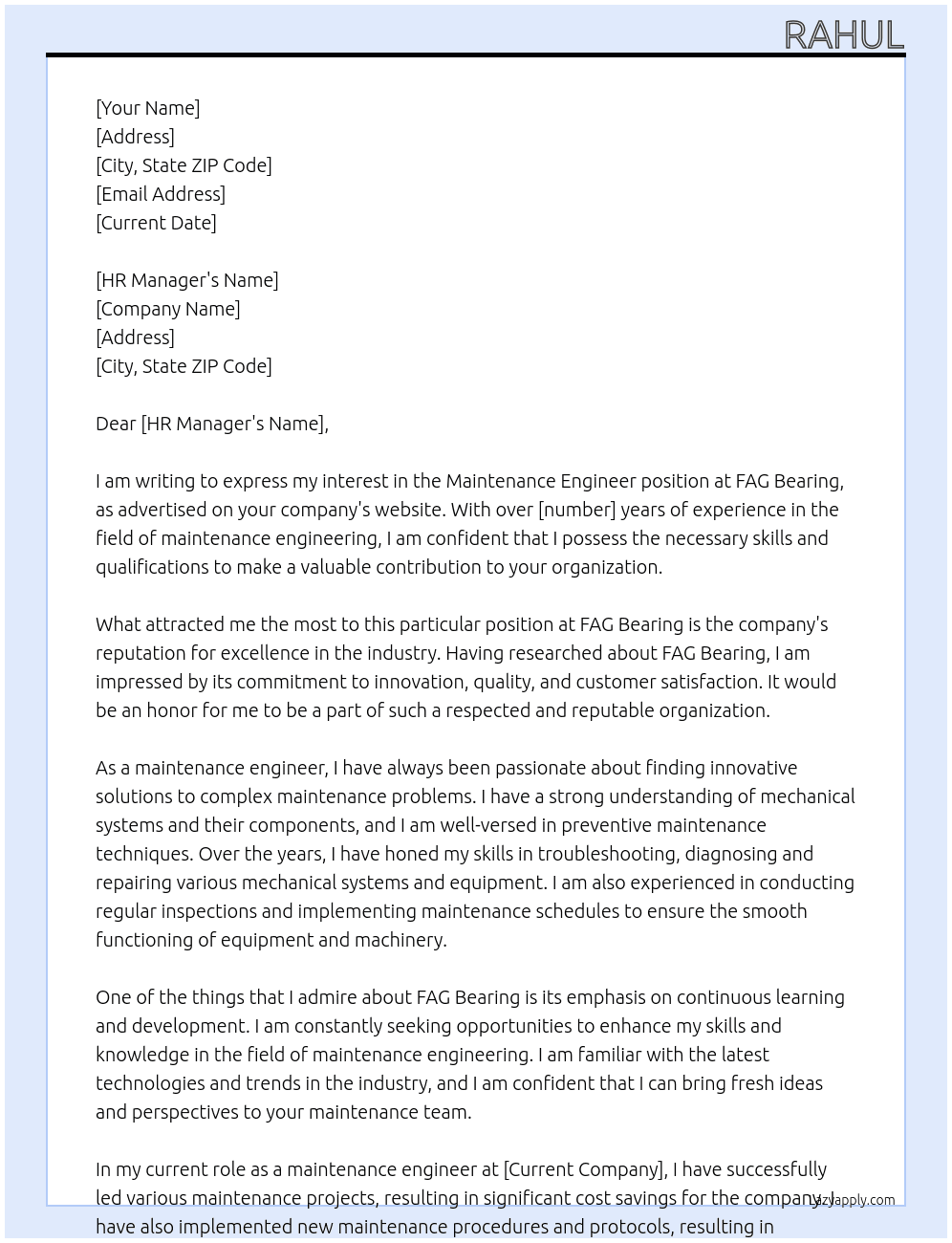 Maintenance Engineer At FAG Bearing Cover Letter