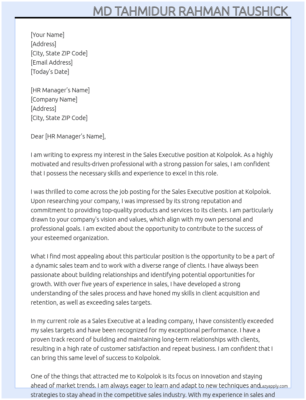 Sales Executive  At Kolpolok Cover Letter