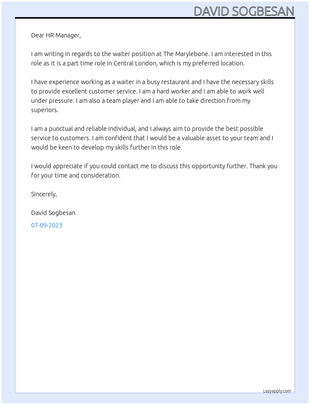 Waiter At The Marylebone  Cover Letter