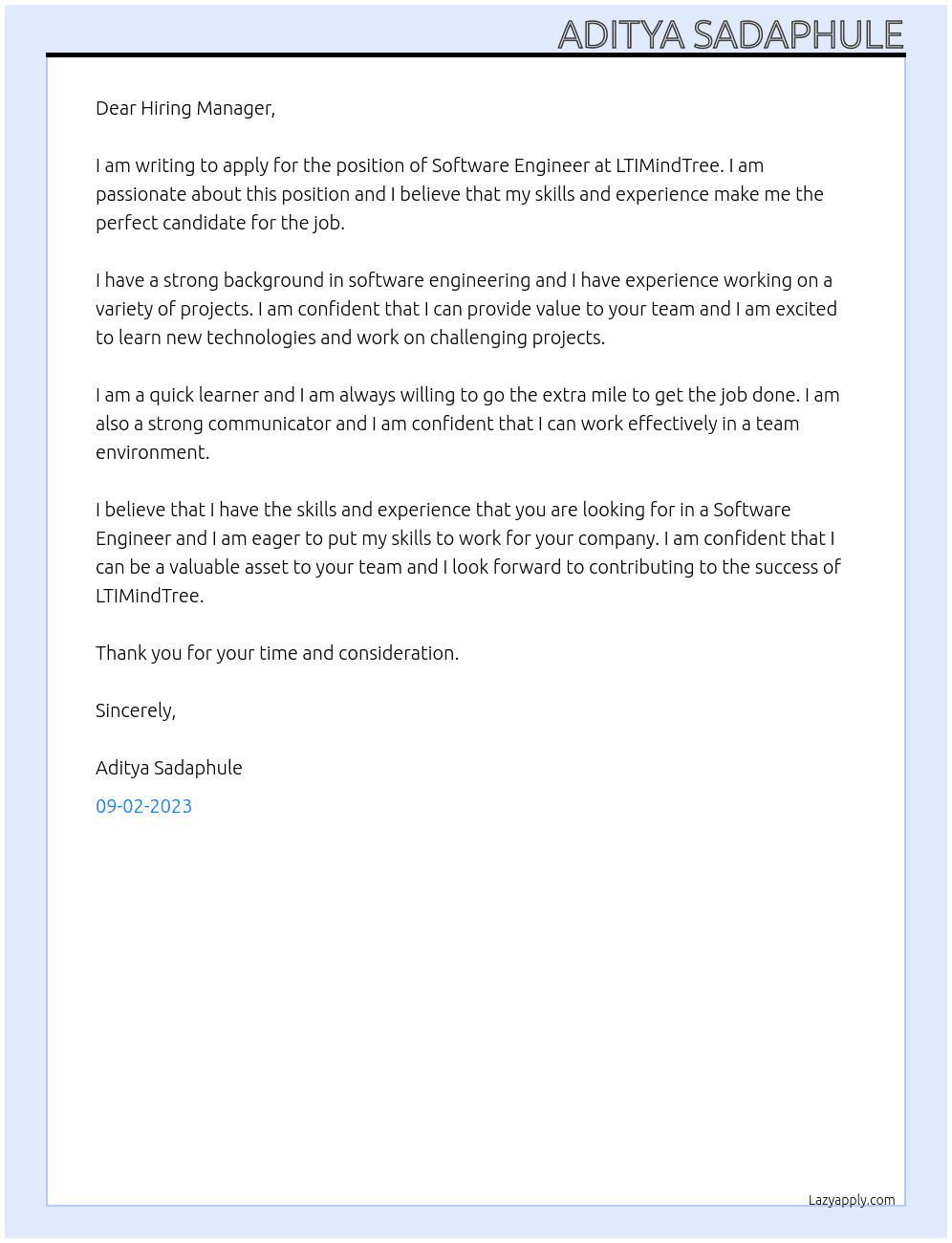 Software Engineer At LTIMindTree Cover Letter