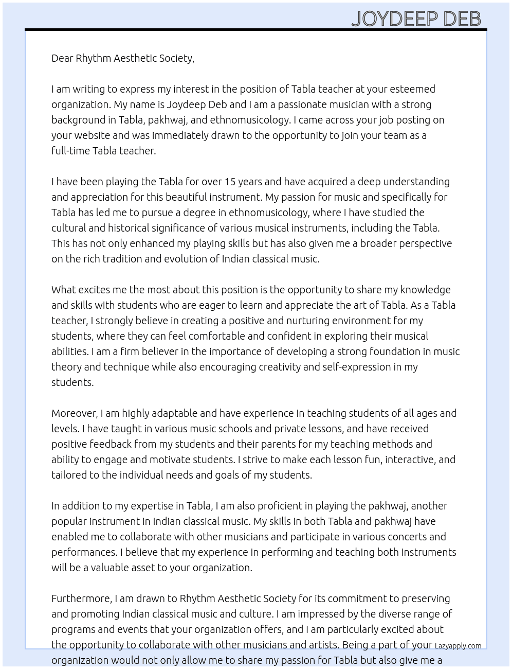 Cover letter for tabla teacher - LazyApply