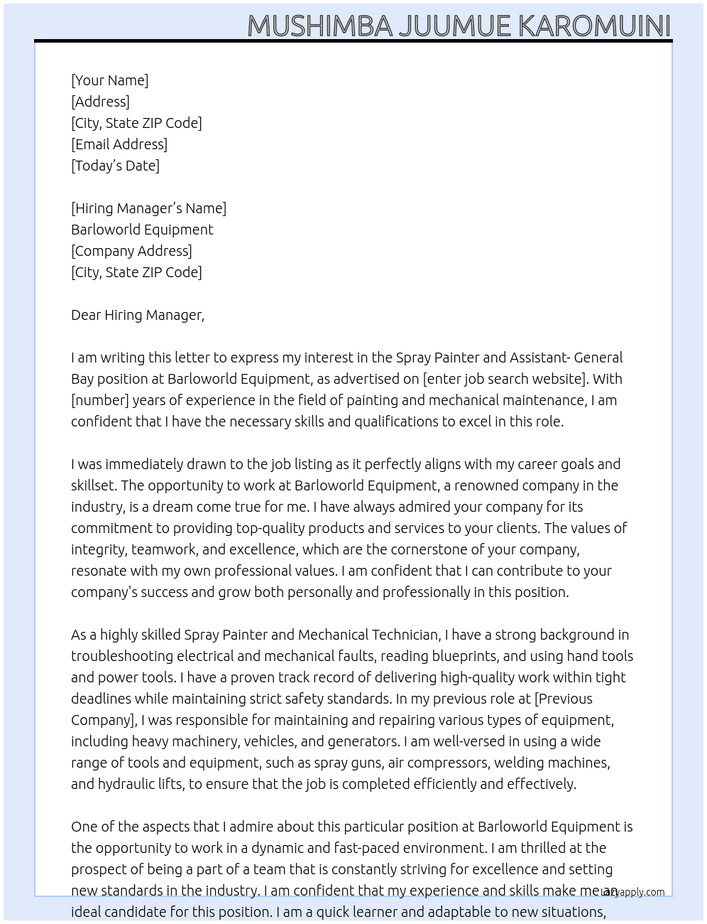 Spray Painter and Assistant- General Bay At Barloworld Equipment Cover Letter