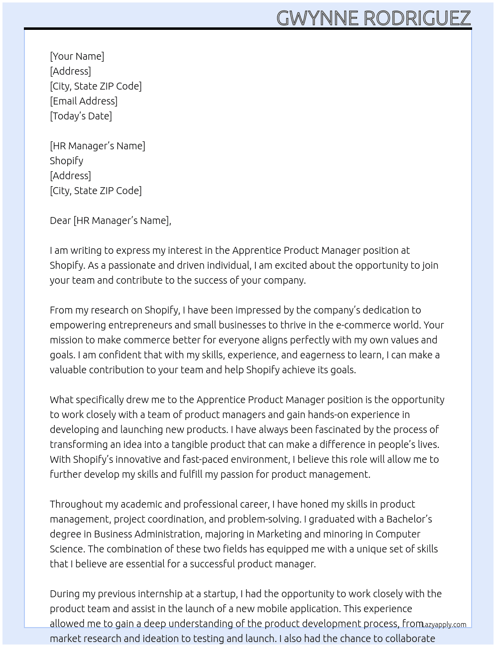 Apprentice Product Manager At Shopify Cover Letter