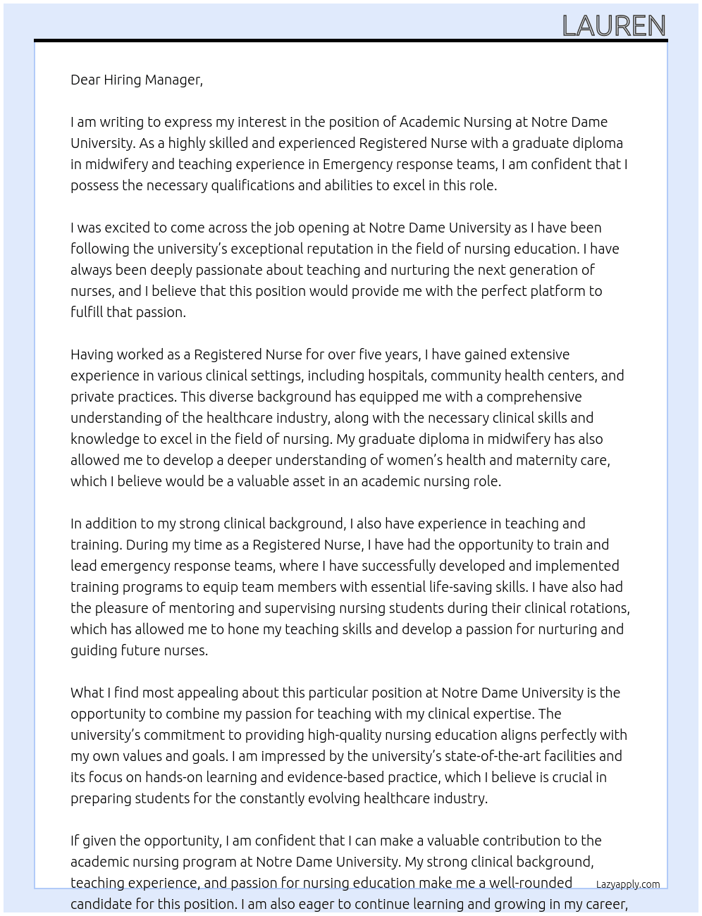 Academic Nursing  At Notre Dame University  Cover Letter