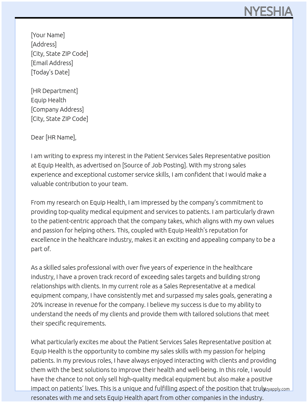 Patient services sales Rep At Equip health Cover Letter