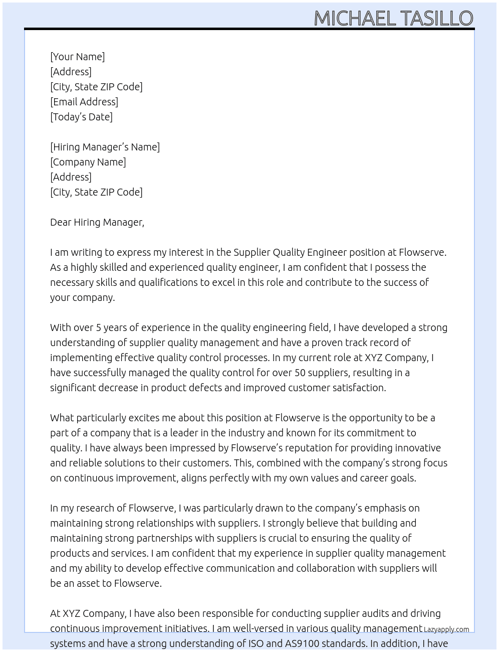 Supplier Quality Engineer At Flowserve Cover Letter