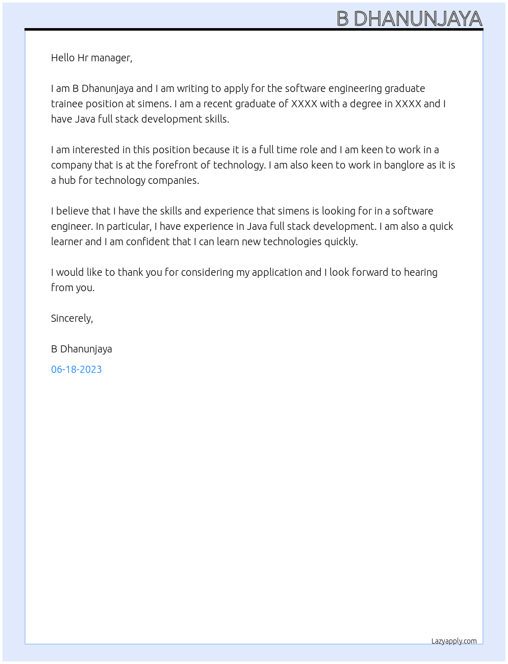 software engineering graduate traine At simens Cover Letter