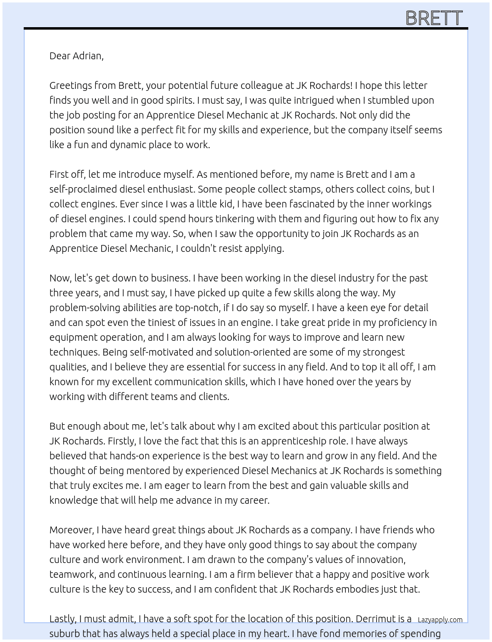 Apprentice Diesel Mechanic  At JK Rochards Cover Letter