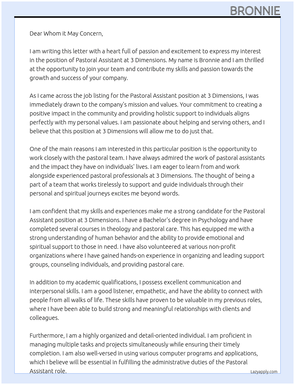 Pastoral Assistant At 3 dimensions Cover Letter