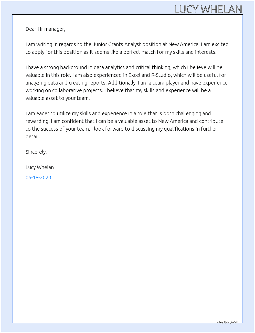 Junior Grants Analyst At New America Cover Letter