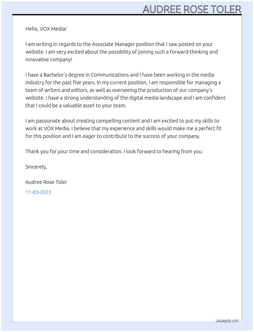 Associate Manager At VOX Media Cover Letter